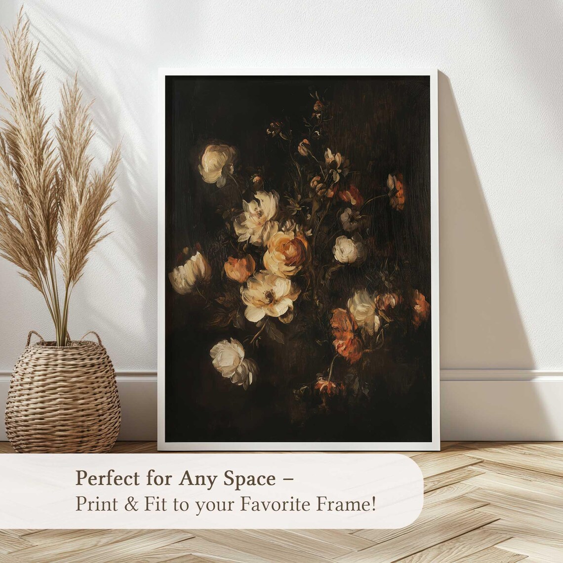 Dark Moody Rose Bouquet Black Background Oil Painting Art Print - Image 5