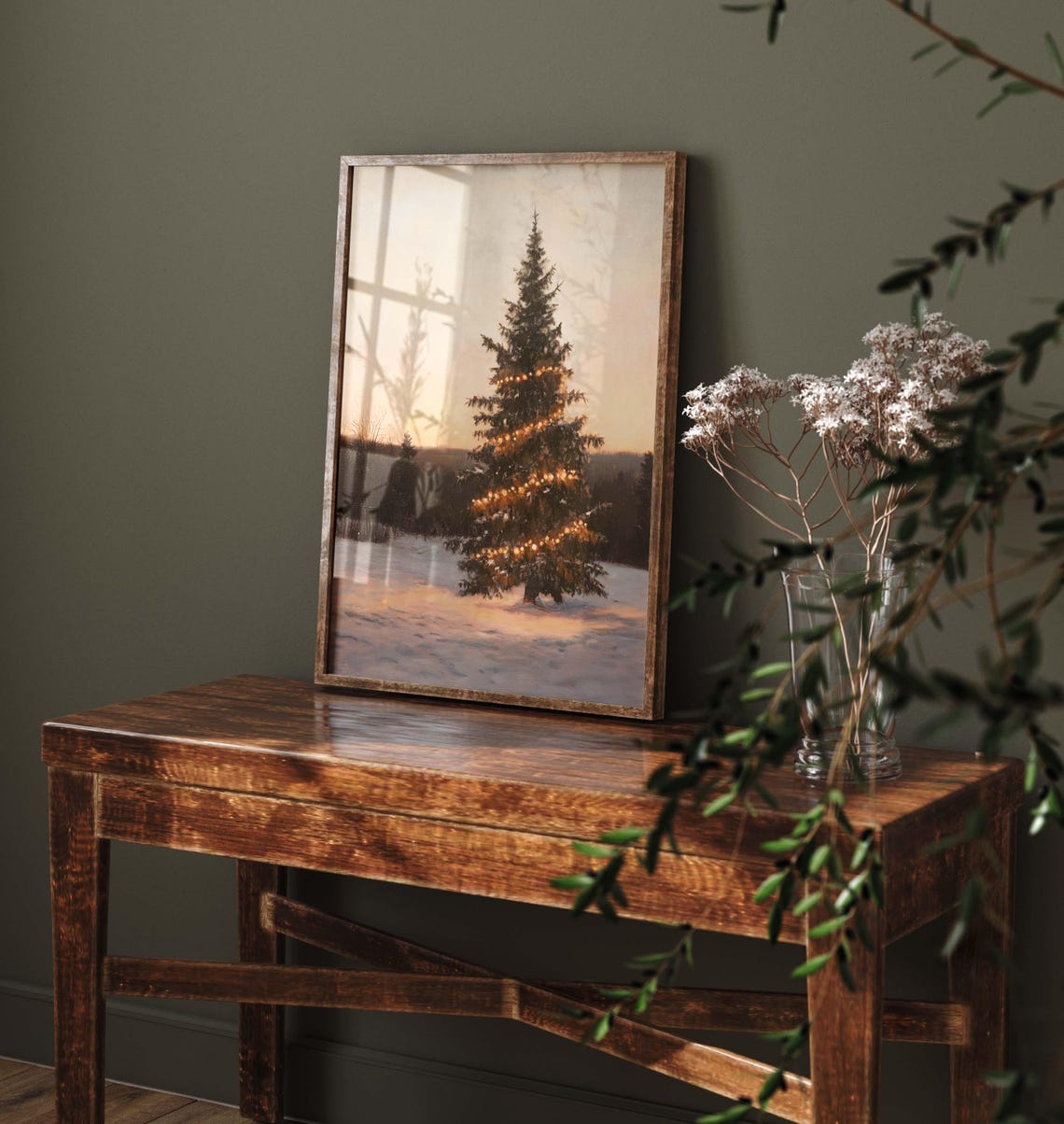 Lit Pine Tree at Sunset over Snowy Field Winter Evening Poster - Image 3