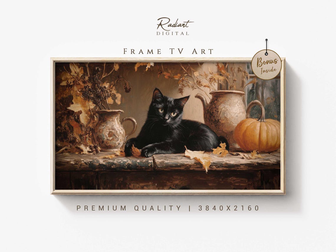 Cozy Black Cat With Pumpkins Rustic Autumn Still Life Poster