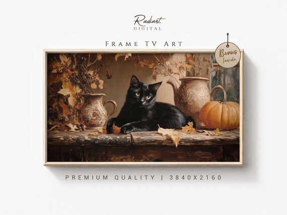 Cozy Black Cat With Pumpkins Rustic Autumn Still Life Poster