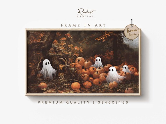 Cheerful Ghosts in Pumpkin Patch Fall Harvest Cute Spooky Poster