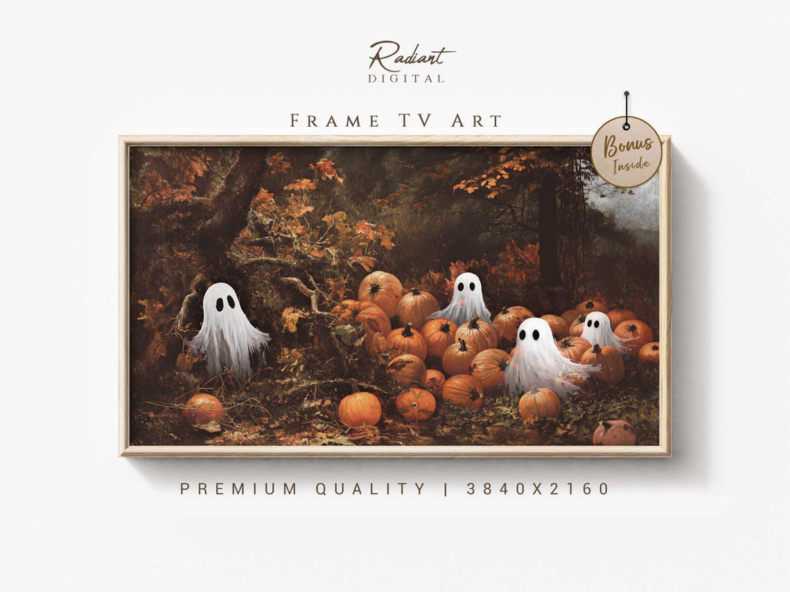 Cheerful Ghosts in Pumpkin Patch Fall Harvest Cute Spooky Poster