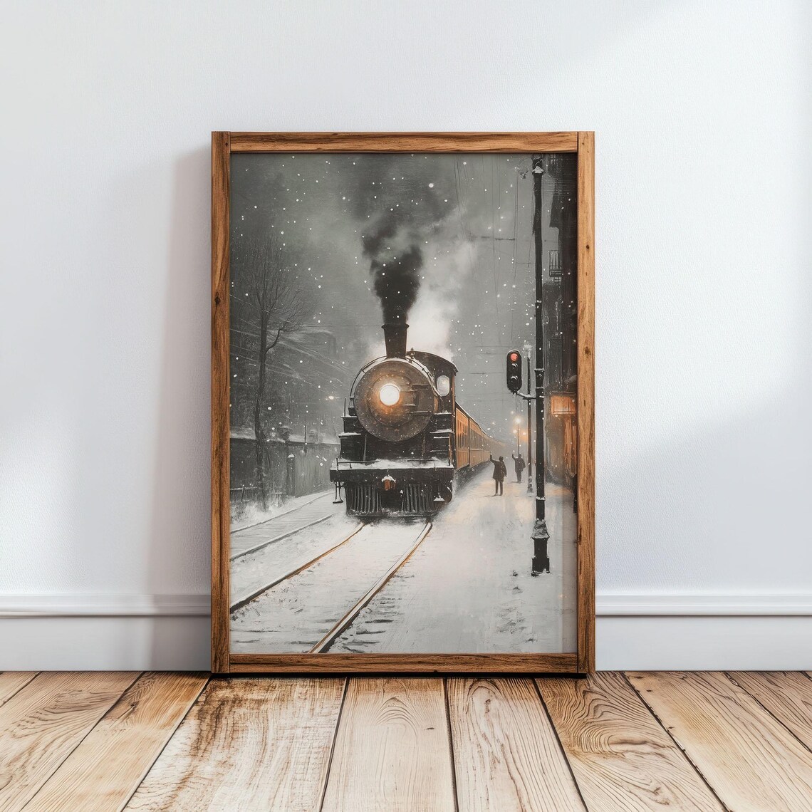 Vintage Steam Train in Snowy City Street Glowing Night Poster