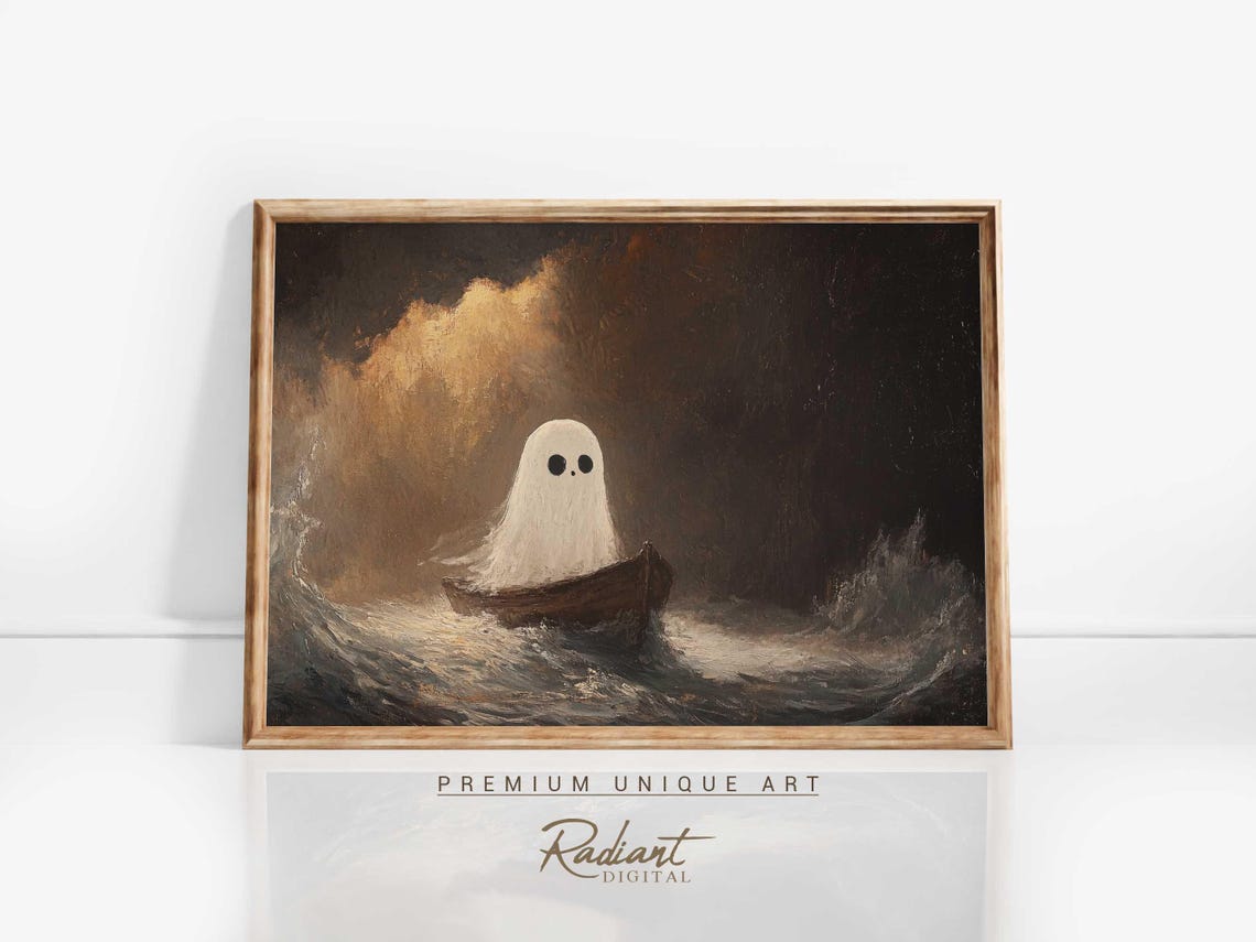 Cute Ghost Sailing Boat Dark Stormy Moonlit Ocean Halloween Print