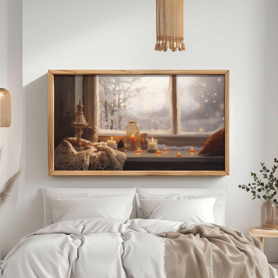 Cozy Winter Window Candlelight Frosty Snowfall View Wall Art - Image 2