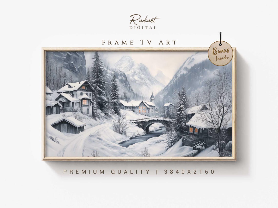 Winter Village Frame Tv Art Snowy Alpine Landscape Tv Art Cozy Cabin Tv Decor Rustic Winter Tv Art Christmas Frame Tv Lodge Tv Art