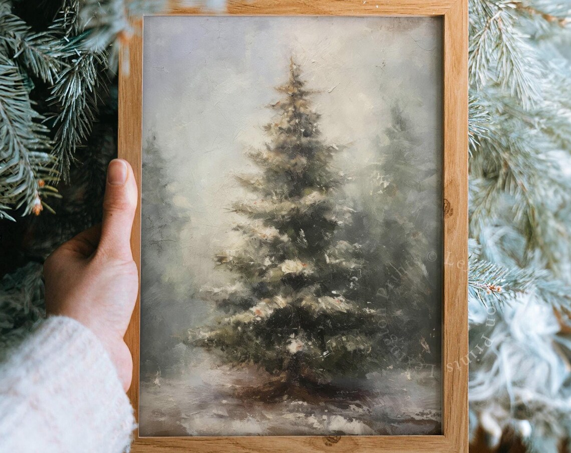 Lone Snowy Fir Tree Misty Winter Minimalist Woodlands Poster