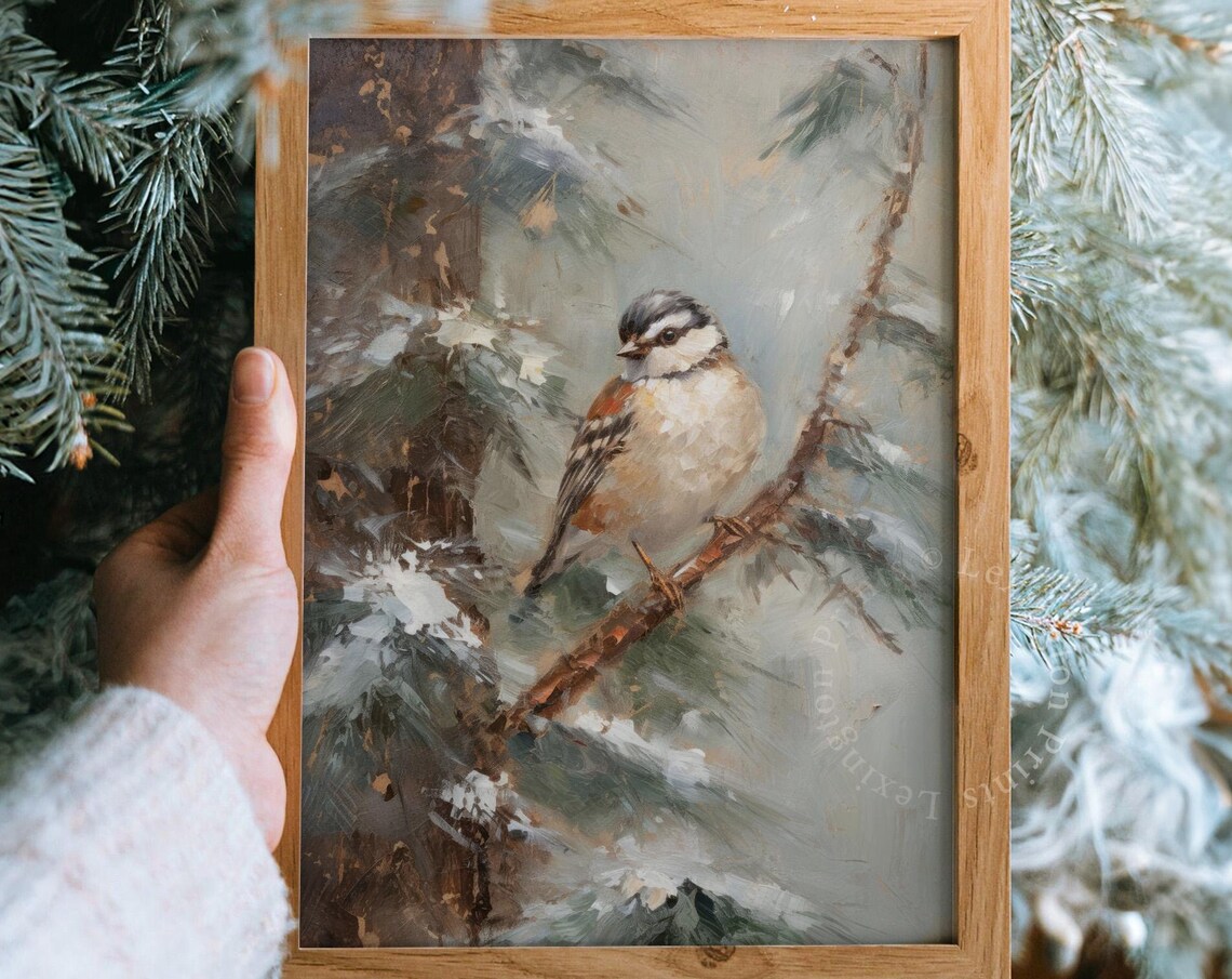 Chickadee Winter Bird Snowy Pine Branch Vintage Painting Art Poster