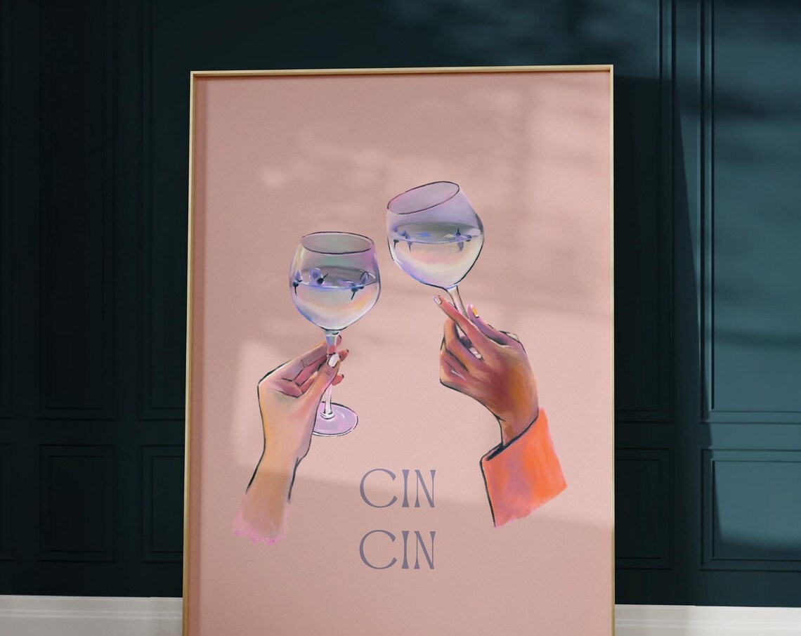 Cin Cin Wine Glass Toast Poster Pink Bar Cart Kitchen Party Decor