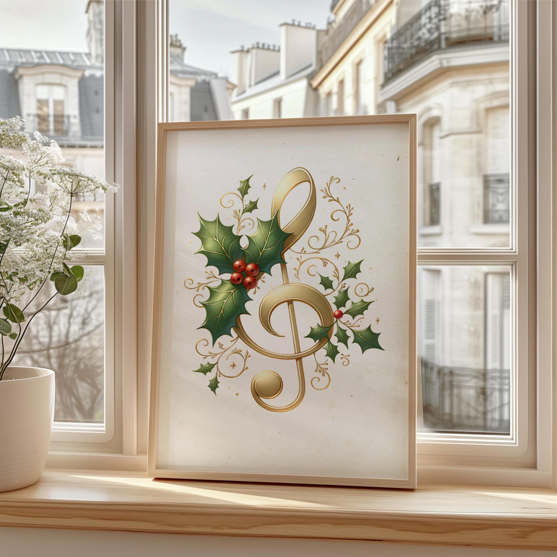 Golden Treble Clef With Holly Christmas Music Room Art Poster - Image 2