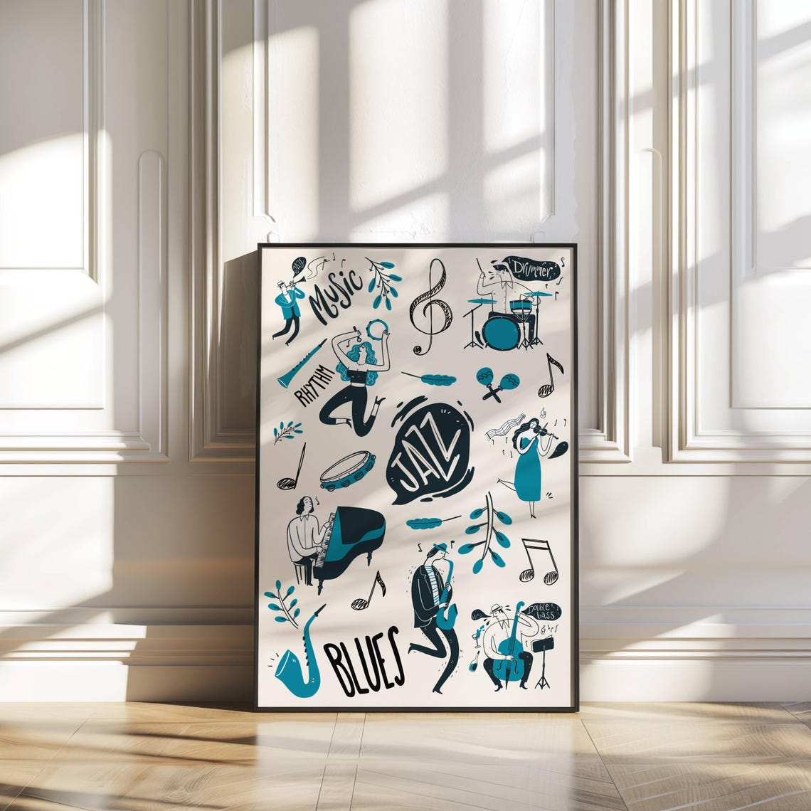 Jazz Blues Music Doodle Art Saxophone Piano Drummer Sketch Wall Art - Image 3