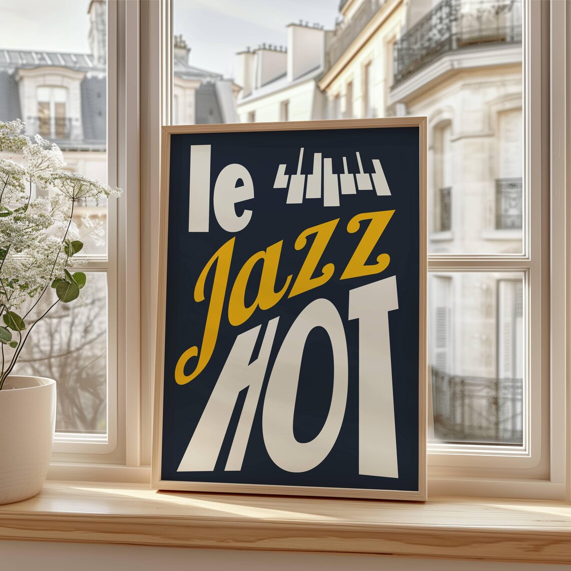Le Jazz Hot Piano Keys Retro Navy Cream Mustard Music Poster - Image 2