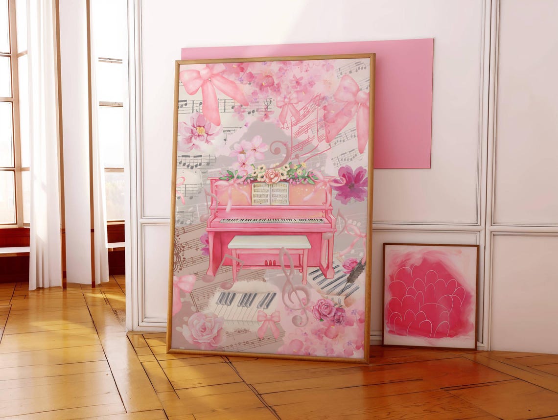Pink Coquette Piano Collage Watercolor Music Room Decor Poster - Image 2