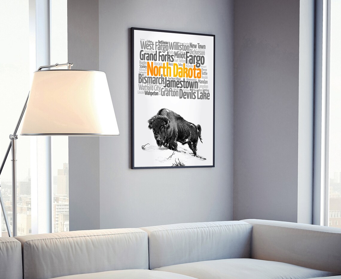 North Dakota State Cities Bison Typographic Map Vintage Travel Poster - Image 4