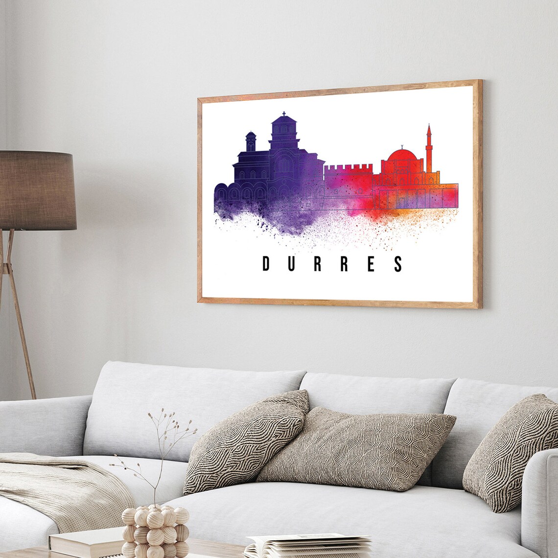 Durres Albania Purple Red Watercolor Skyline Fortress Mosque Print - Image 3