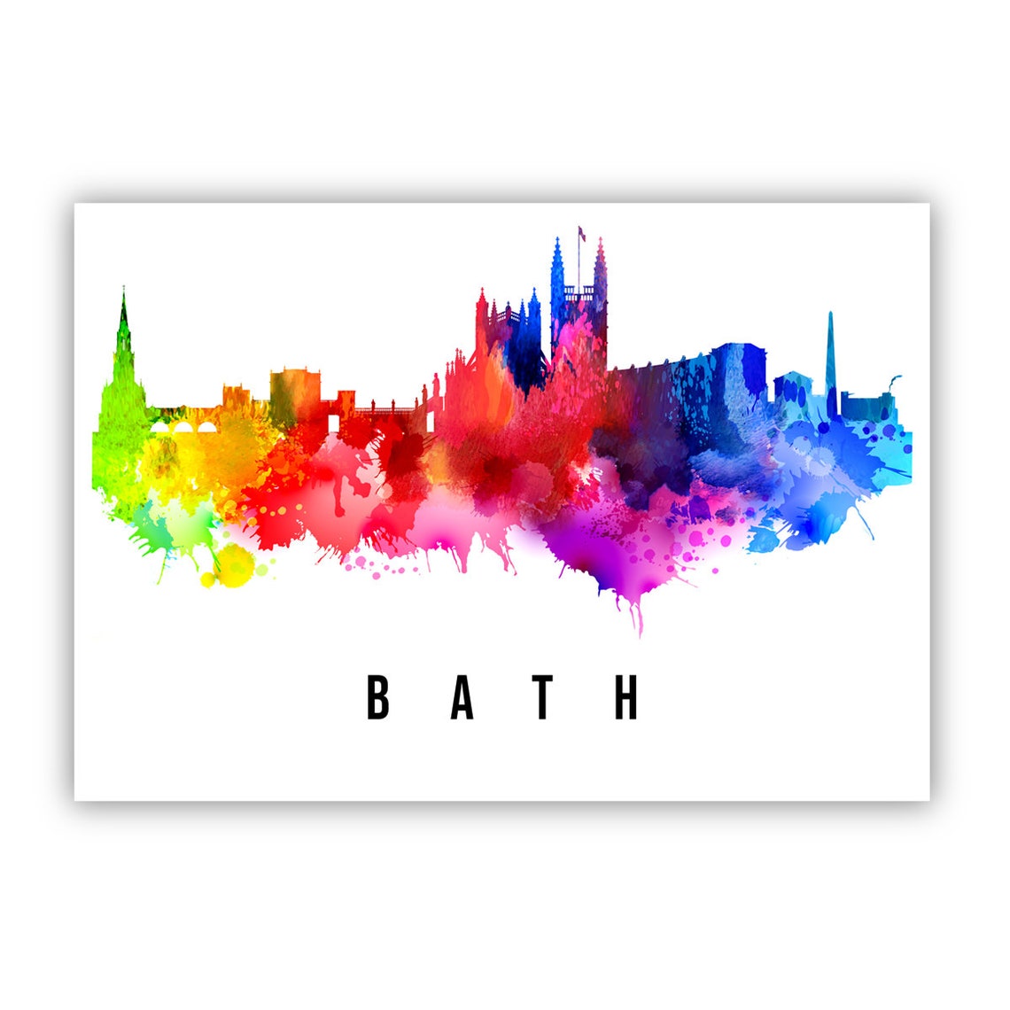 Bath England Rainbow Watercolor Skyline Abbey Towers City Art Poster - Image 2