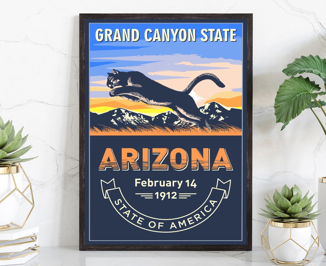 Arizona Grand Canyon State Cougar Sunset Retro Travel Poster