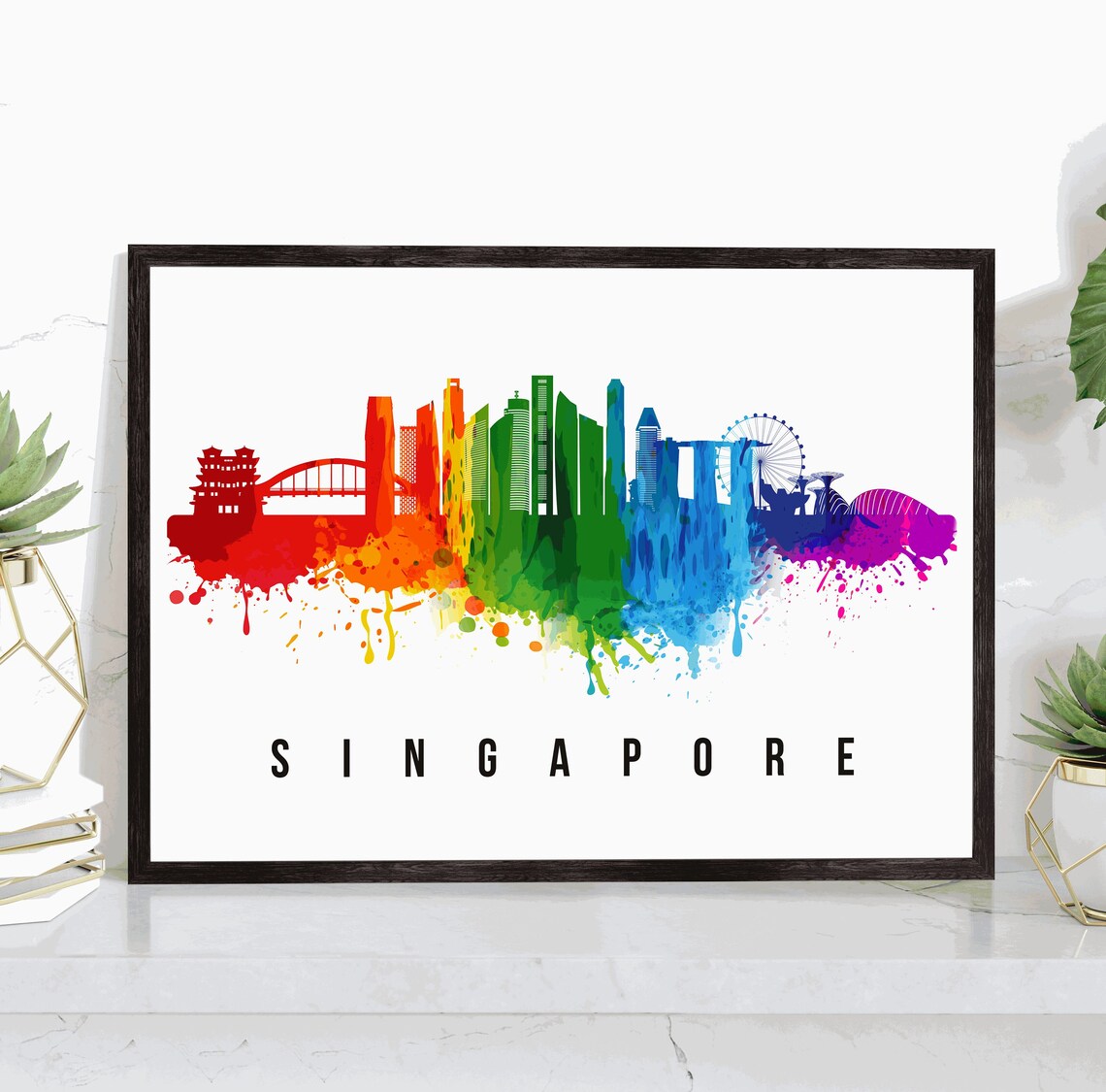 Singapore City Rainbow Watercolor Skyline Marina Bay Travel Poster