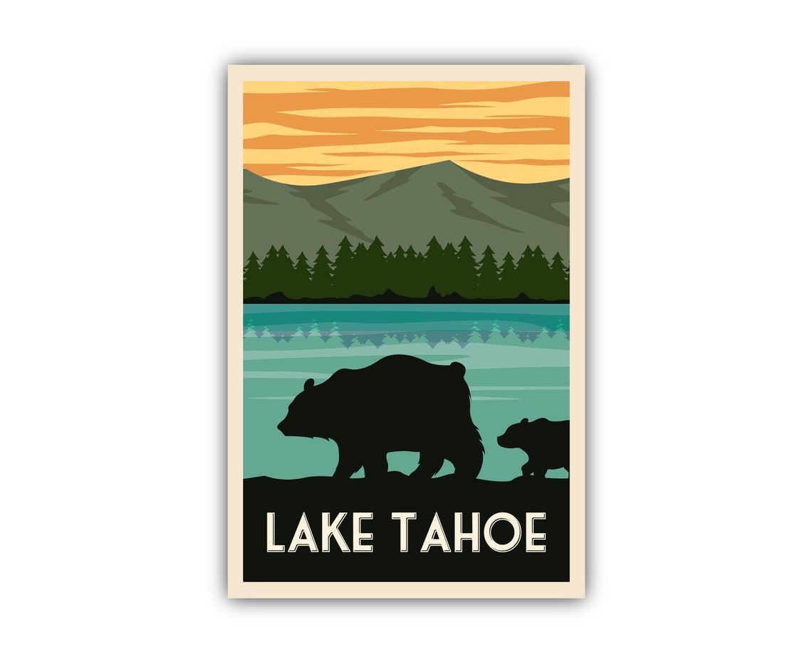 Lake Tahoe Vintage Bear Silhouette Sunset Mountains Travel Poster - Image 2