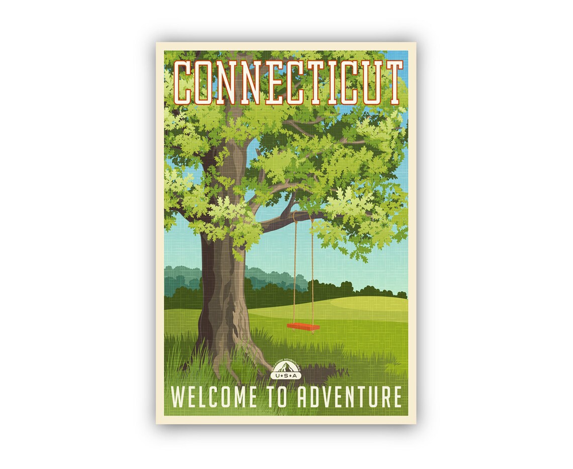 Connecticut Oak Tree Tire Swing Meadow Retro Adventure Travel Poster - Image 2