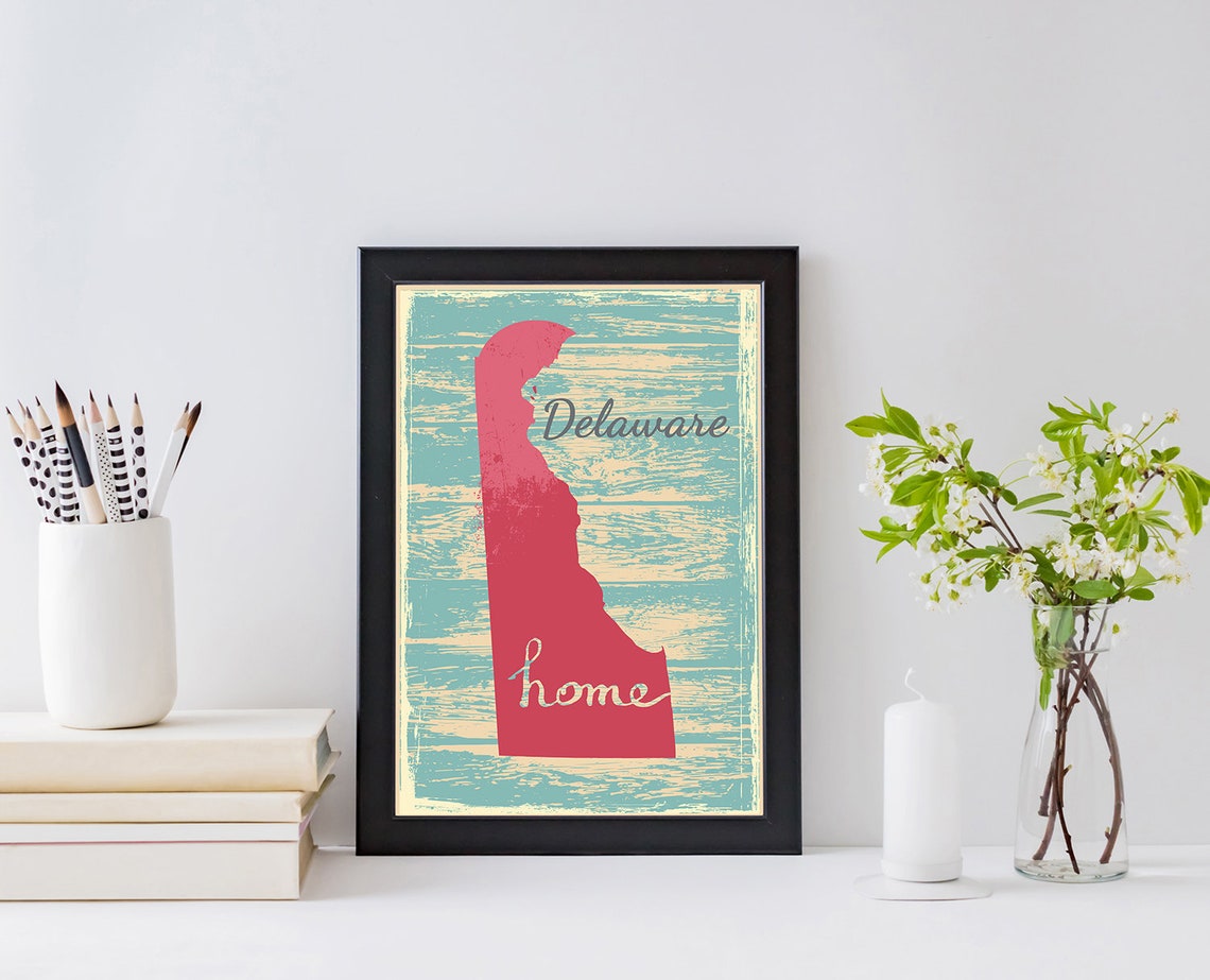 Delaware State Silhouette Home Pink Teal Distressed Wood Wall Art - Image 2