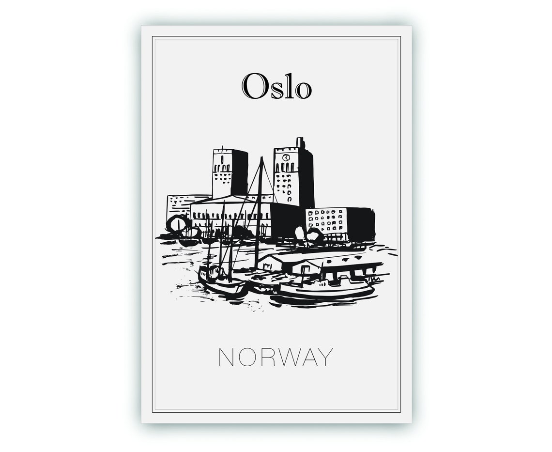 Oslo Norway Harbor City Hall Hand Drawn Black and White Sketch Poster - Image 2
