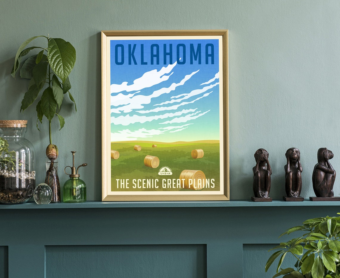 Oklahoma Scenic Great Plains Hay Bales Blue Sky Retro Travel Poster - Image 3