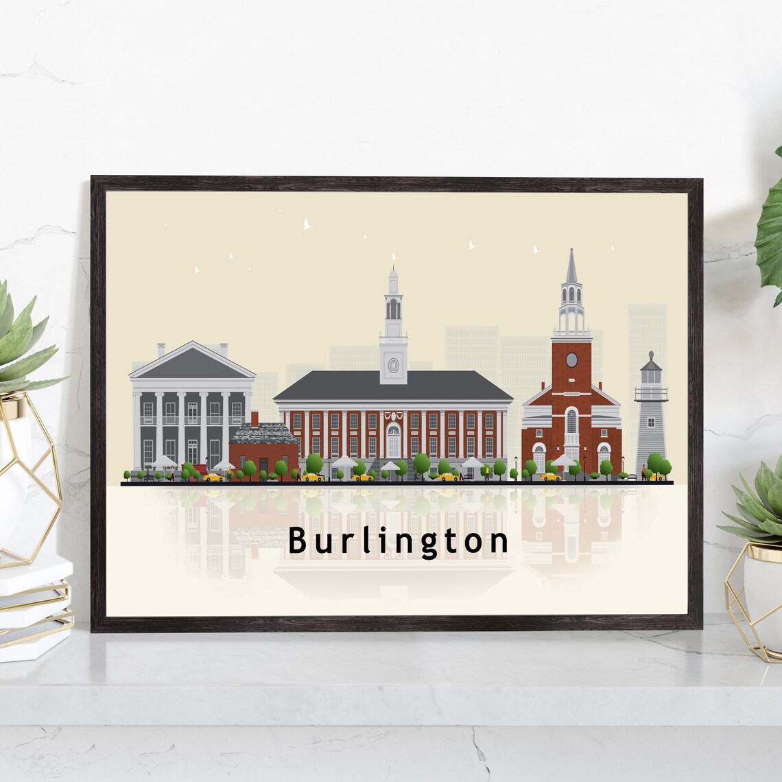 Burlington Vermont Historic Church Spires Skyline Illustration Poster