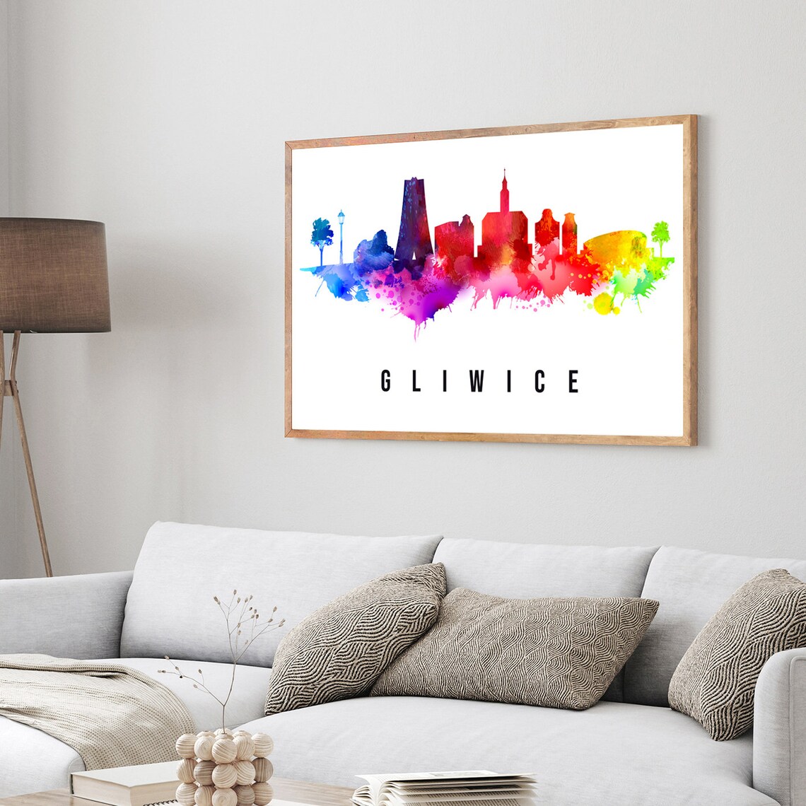 Gliwice Poland Town Skyline Rainbow Watercolor Landmark Poster - Image 3