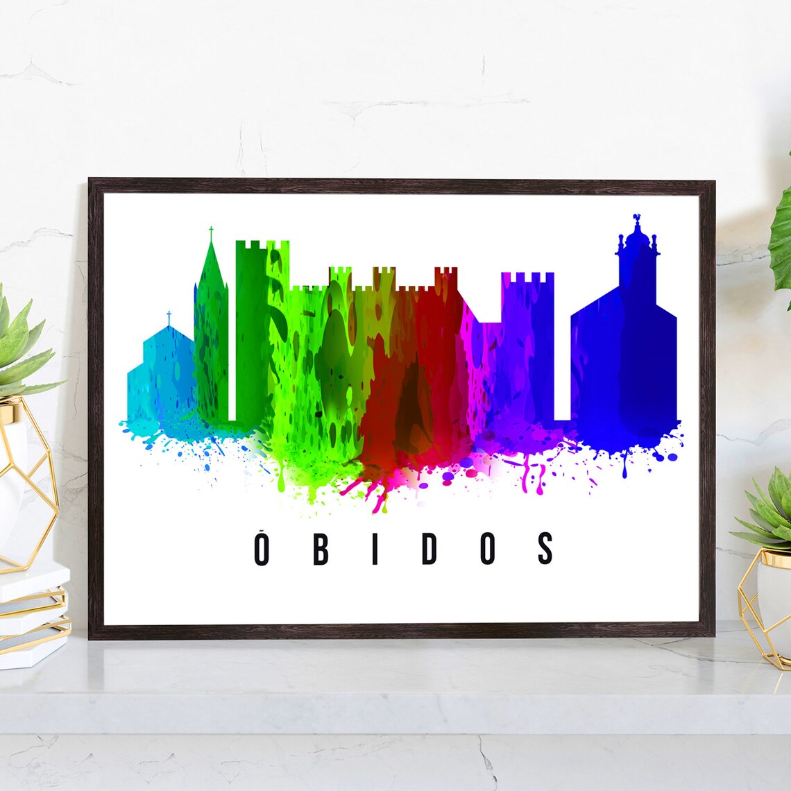 Obidos Portugal Rainbow Watercolor Skyline Medieval Walls Poster