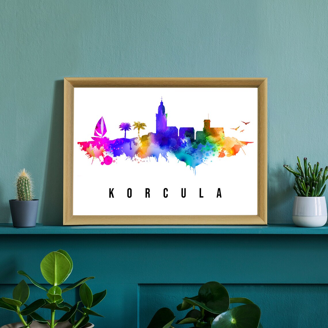 Korcula Croatia Adriatic Waterfront Watercolor Skyline Travel Poster - Image 2