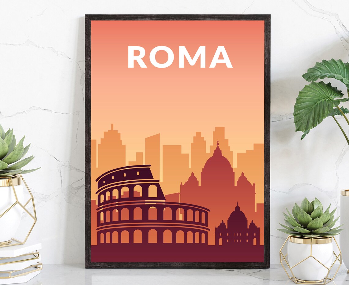 Roma Italy Colosseum Sunset Orange Modern City Travel Poster