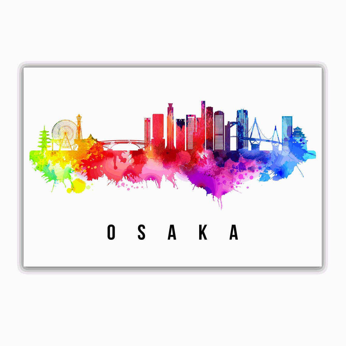 Osaka Japan Rainbow Watercolor Skyline City View Travel Poster - Image 2