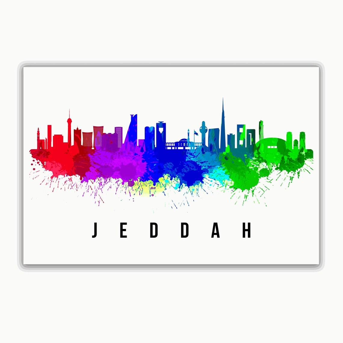 Jeddah Saudi Arabia Rainbow Watercolor Skyline Cityscape Wall Art - Image 2