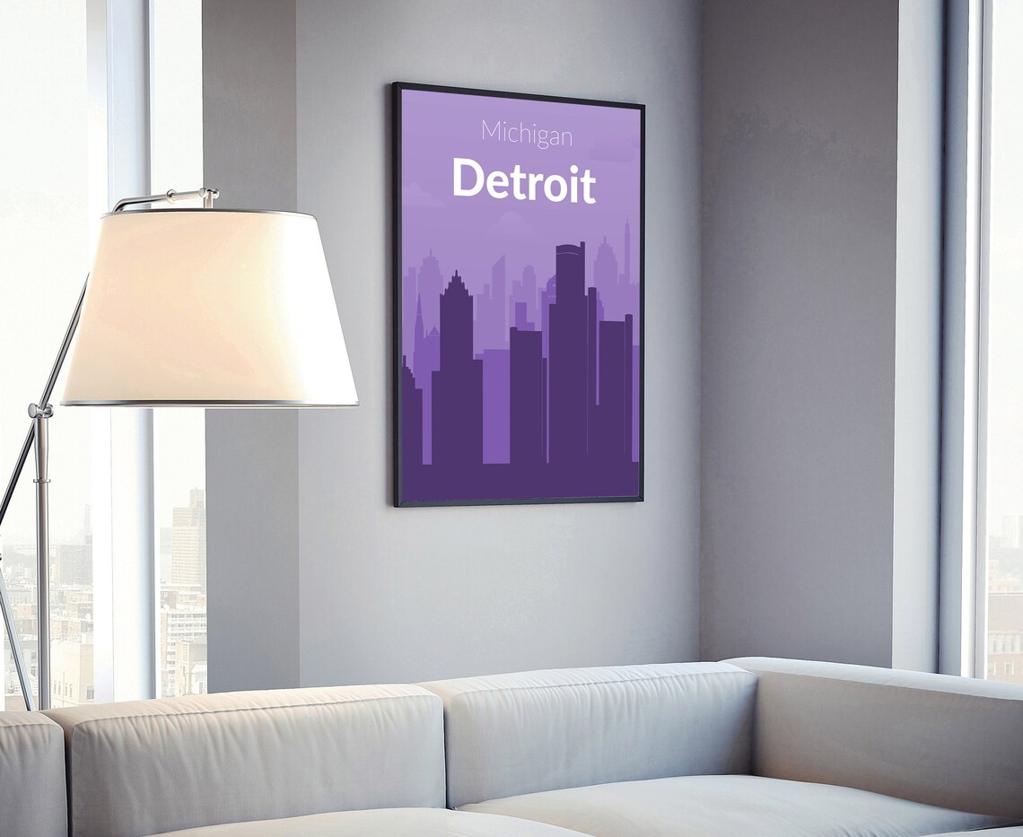 Detroit Michigan Purple Solid Color Modern Skyline Travel Poster - Image 4