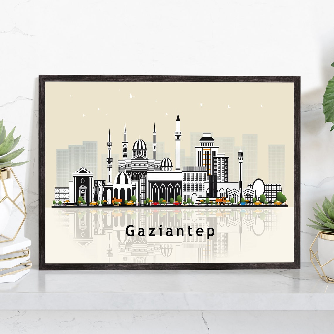 Gaziantep Turkey Mosque Minarets Skyline Illustration Travel Poster