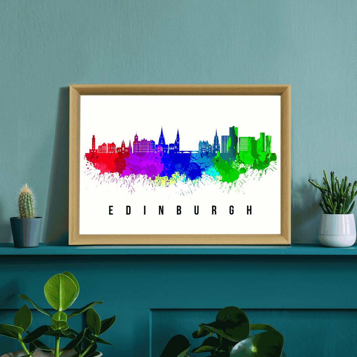 Edinburgh Scotland Rainbow Watercolor Castle Skyline Silhouette Poster - Image 3
