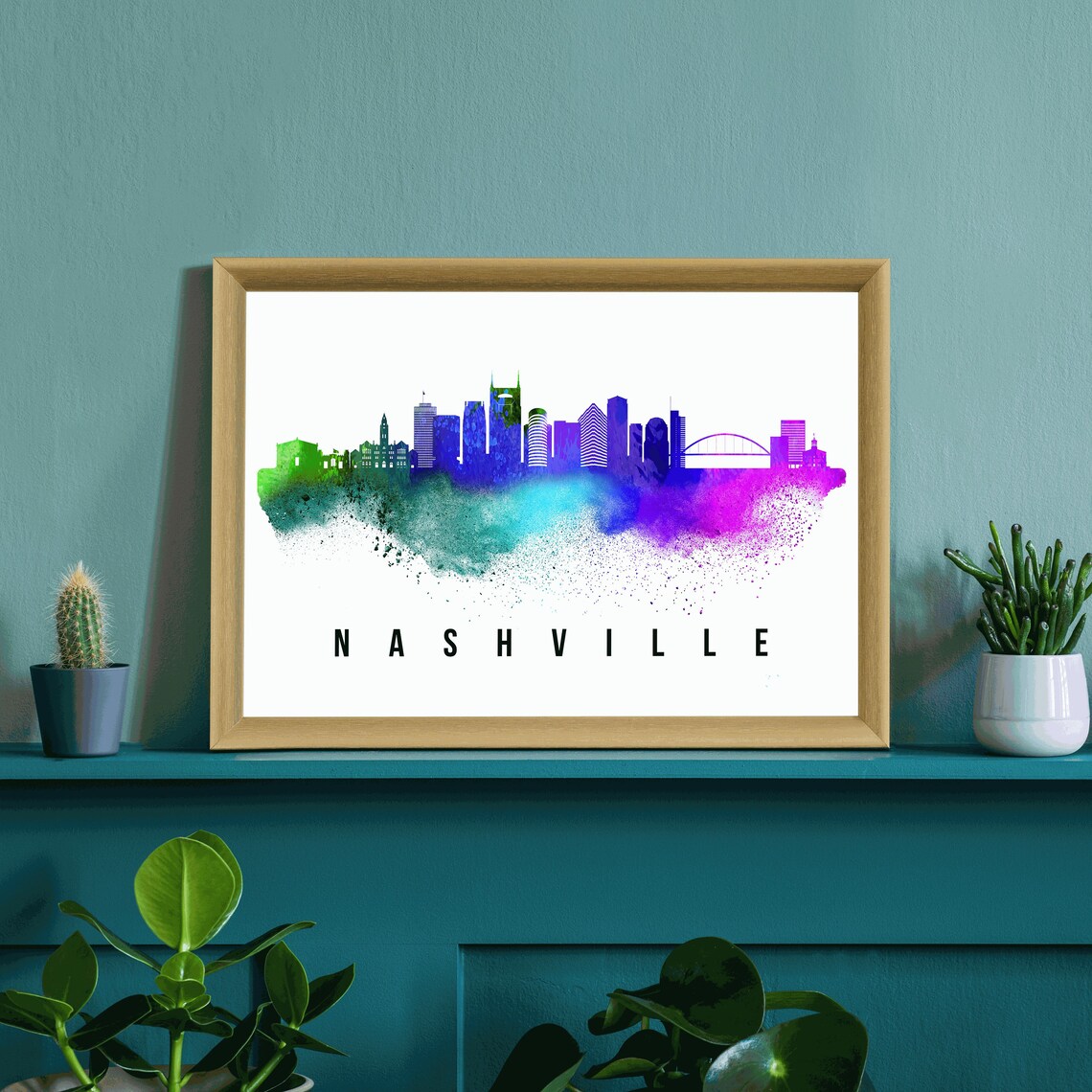 Nashville Tennessee Watercolor Skyline Rainbow Cityscape Art Poster - Image 4
