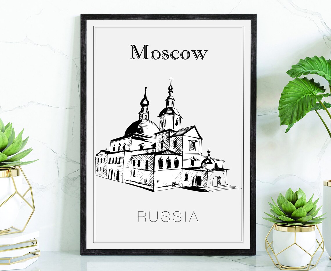 Moscow Russia Onion Dome Church Hand Drawn Line Art Wall Poster