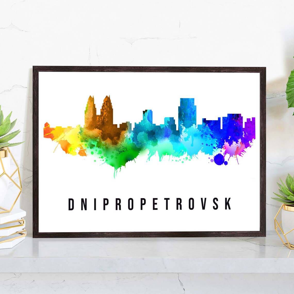 Dnipropetrovsk Ukraine Skyline Watercolor Poster with Riverside Towers