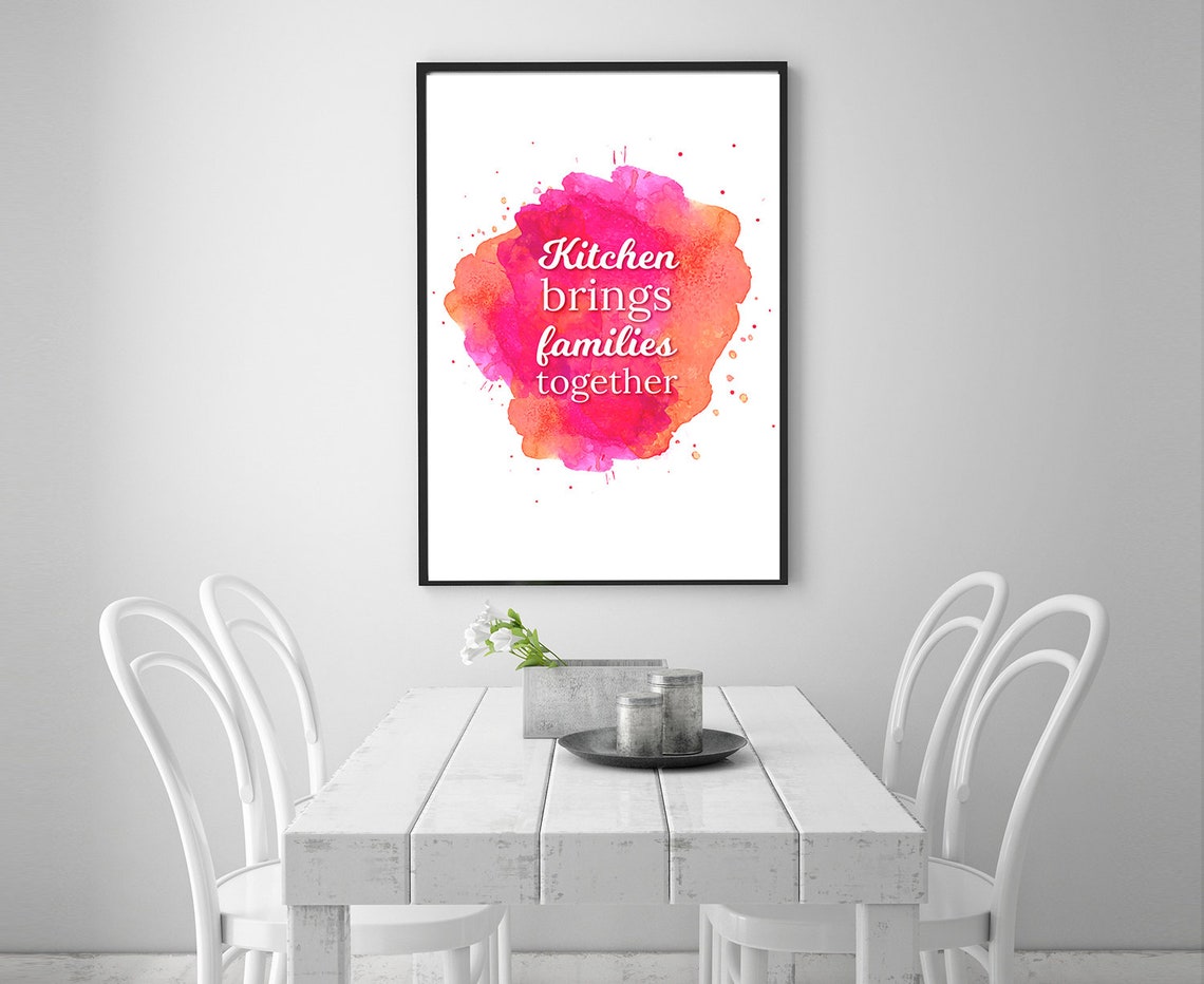 Kitchen Brings Families Together Pink Watercolor Splash Quote Poster - Image 4