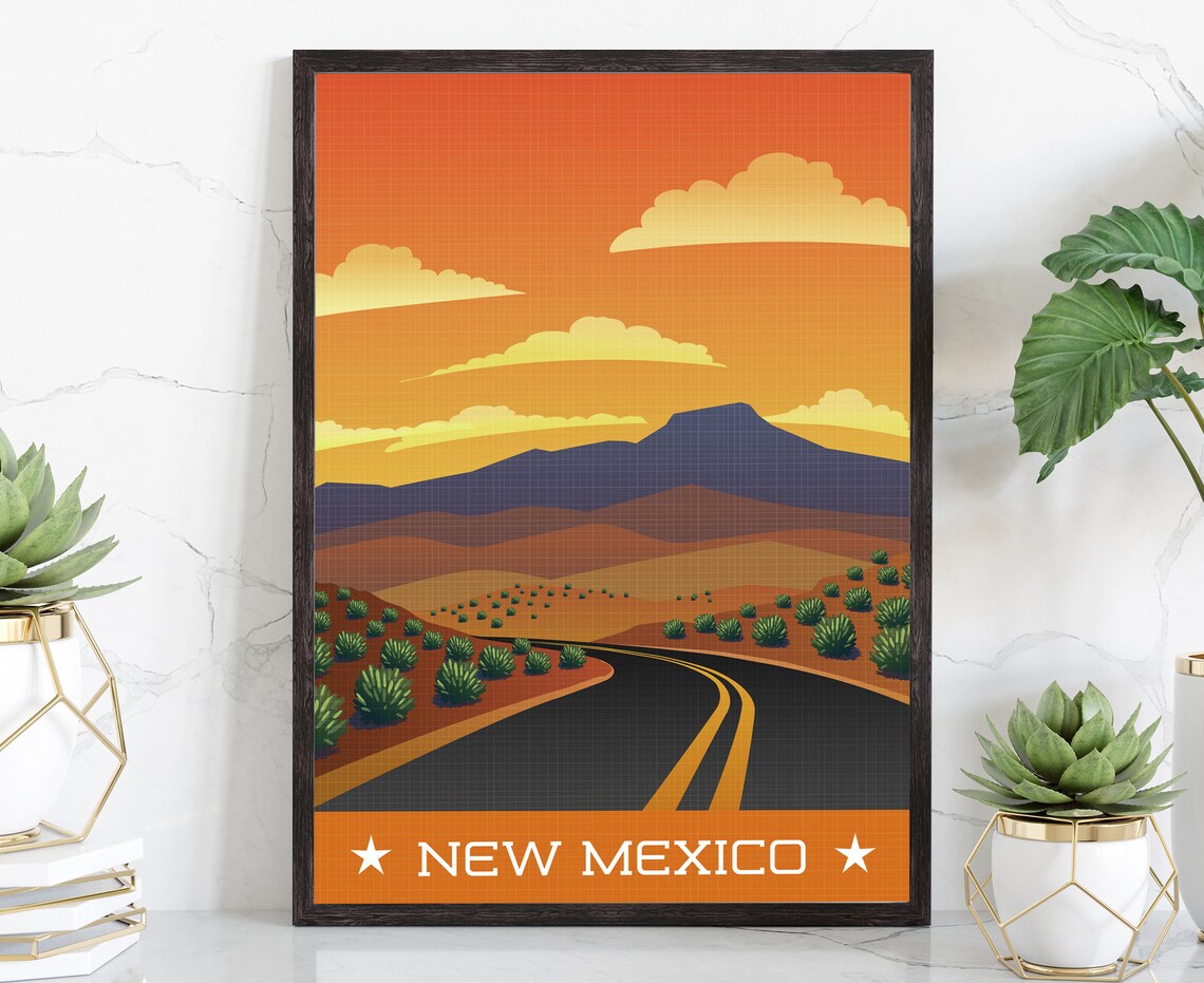 New Mexico Desert Road Sunset Mesas Southwest Retro Travel Poster