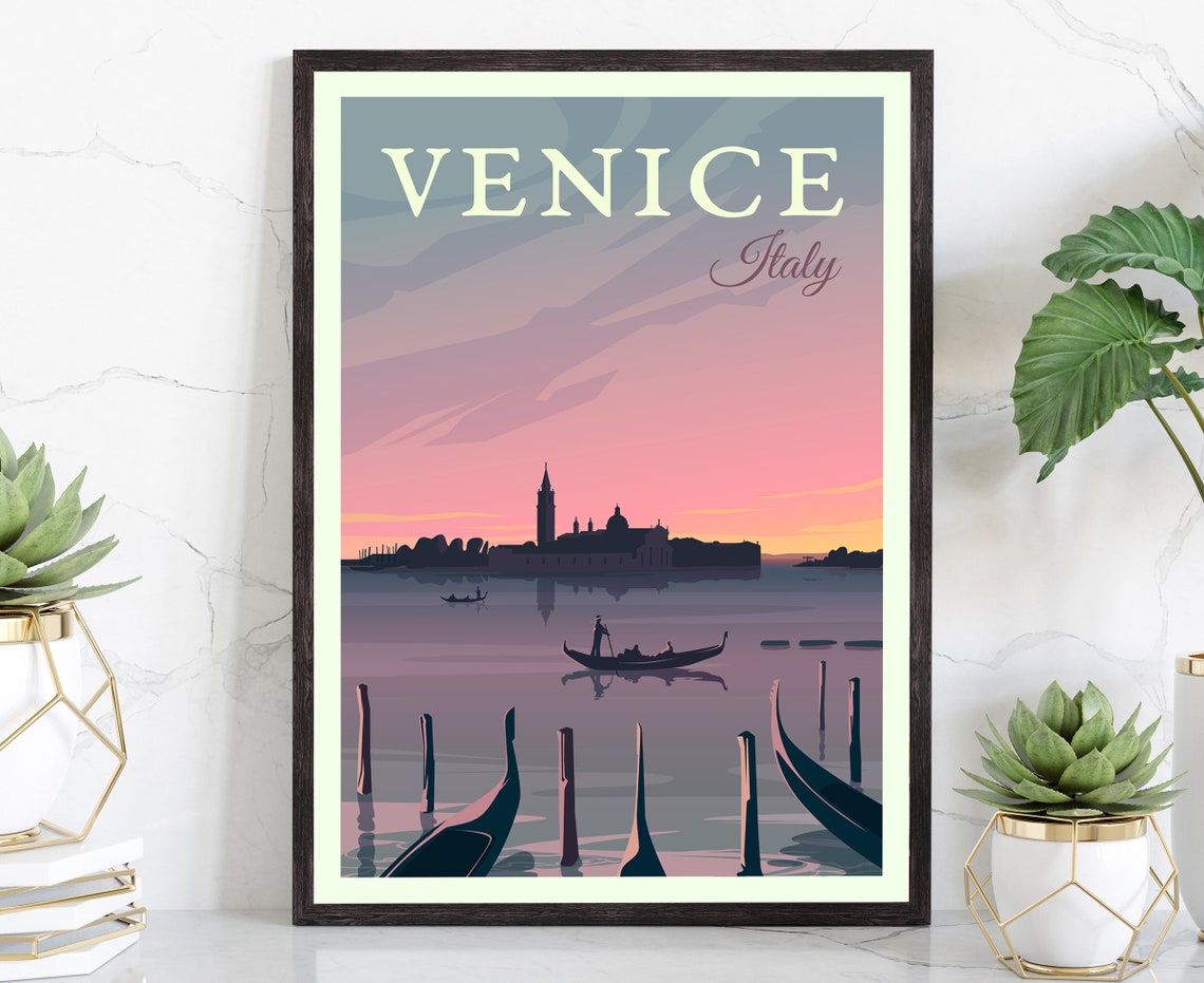 Venice Italy Gondola Sunset Canal Vintage Retro Travel Poster