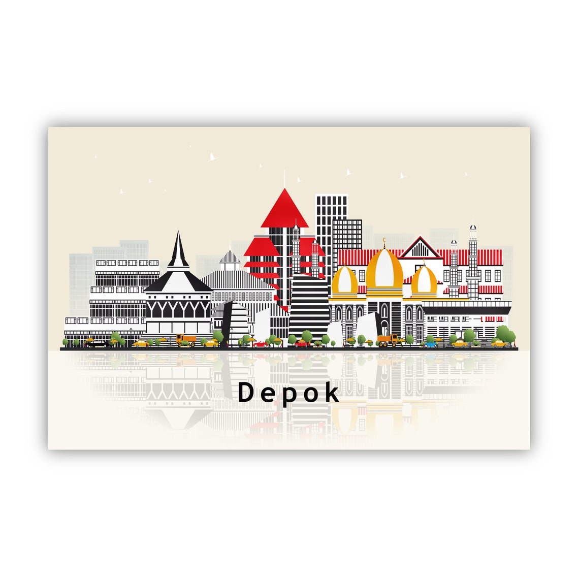 Depok Indonesia Golden Domes Skyline Illustration Reflection Poster - Image 2