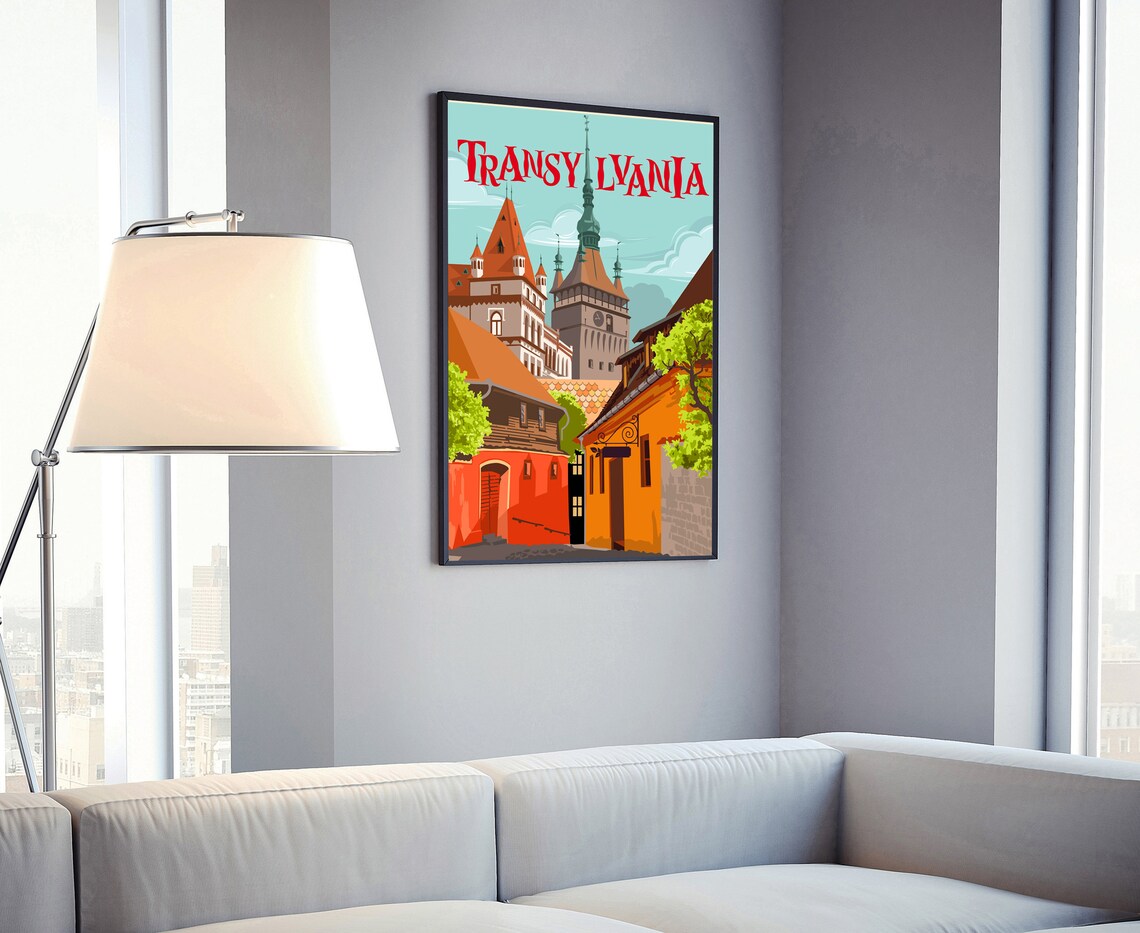 Transylvania Romania Old Town Clock Tower Vintage Travel Poster - Image 4