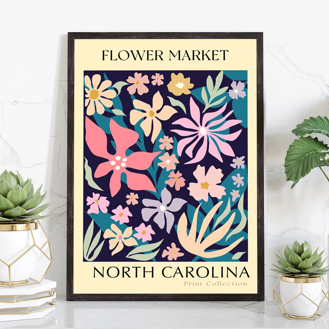 North Carolina Flower Market Pink Floral Botanical Print Poster