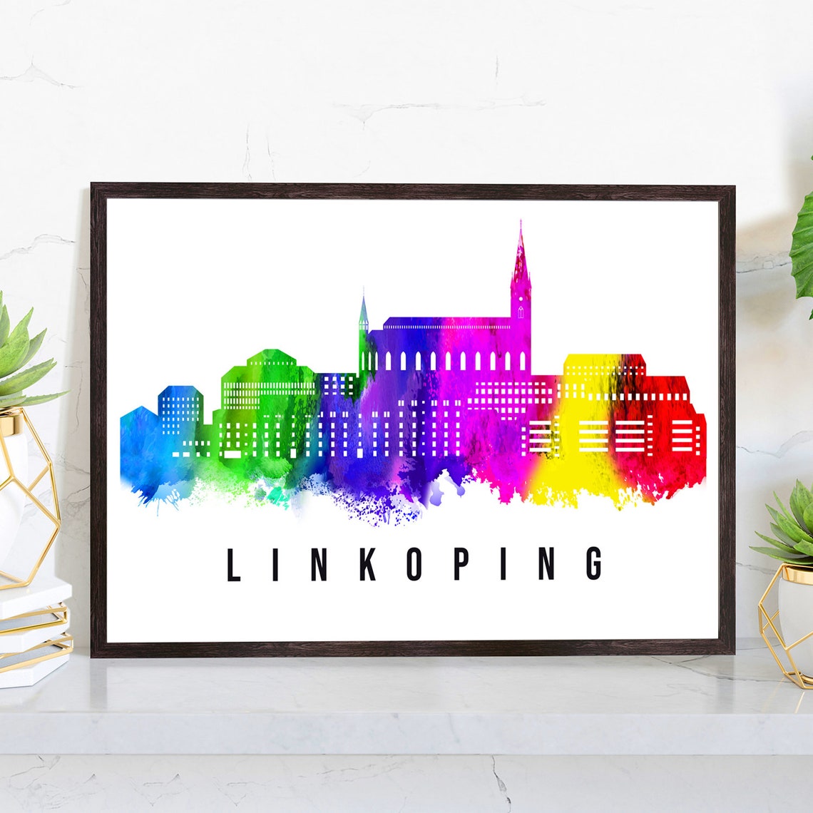 Linkoping Sweden Rainbow Watercolor City Skyline Travel Poster