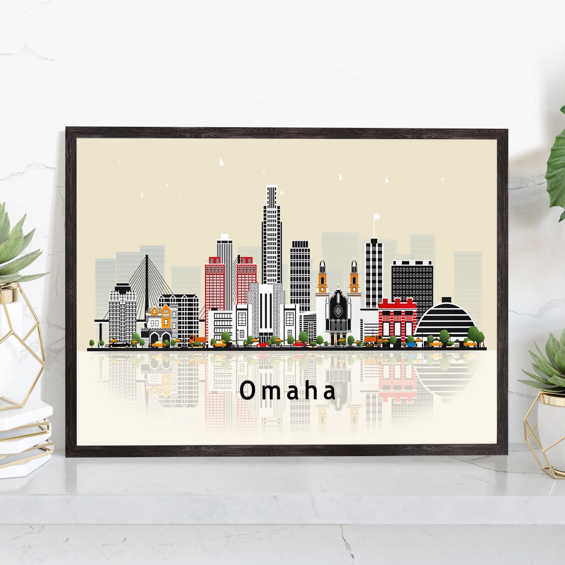 Omaha Nebraska Retro Vector Skyline Water Reflection City Poster