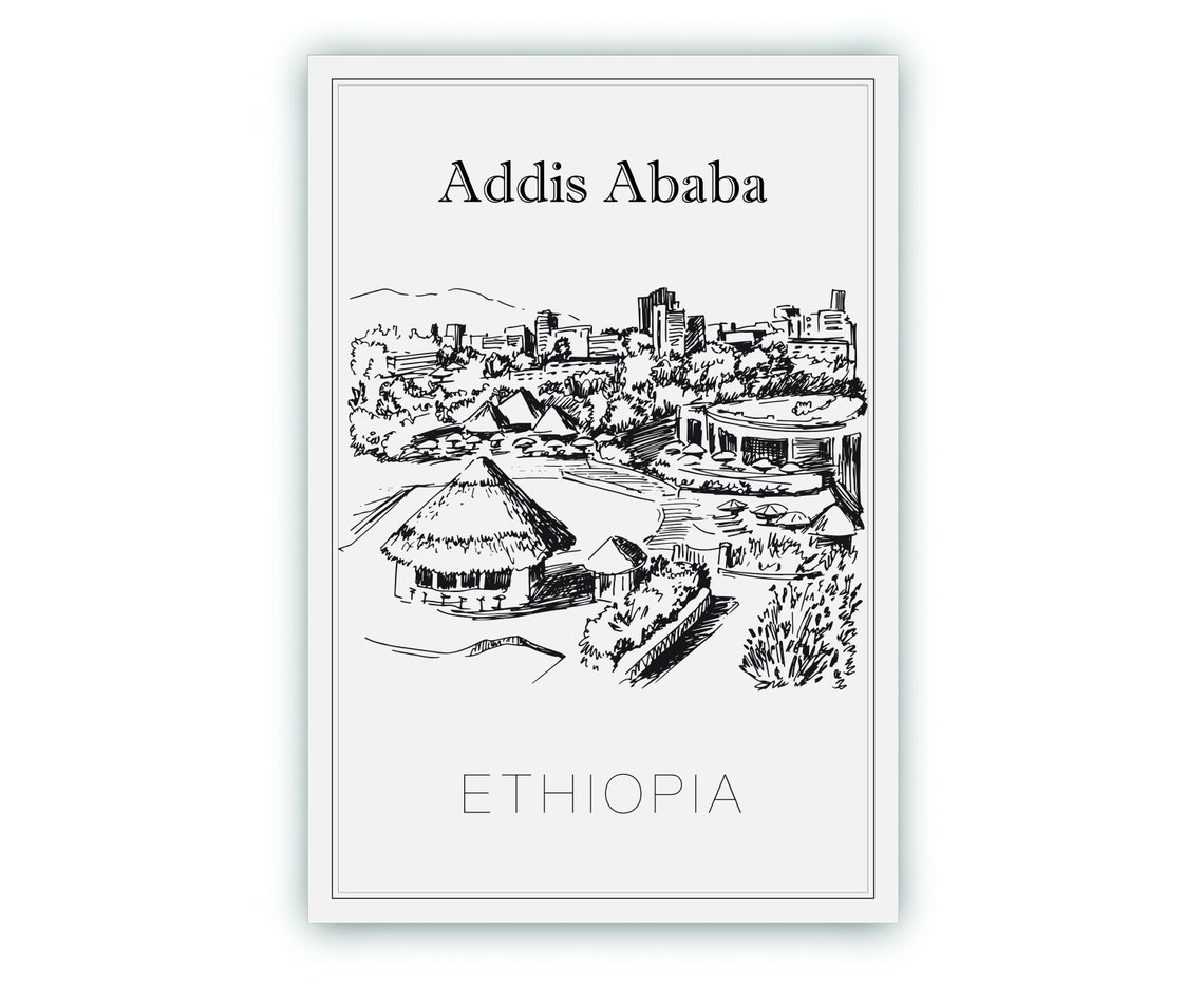 Addis Ababa Ethiopia Hand Drawn Tukul Huts City Skyline Travel Poster - Image 2