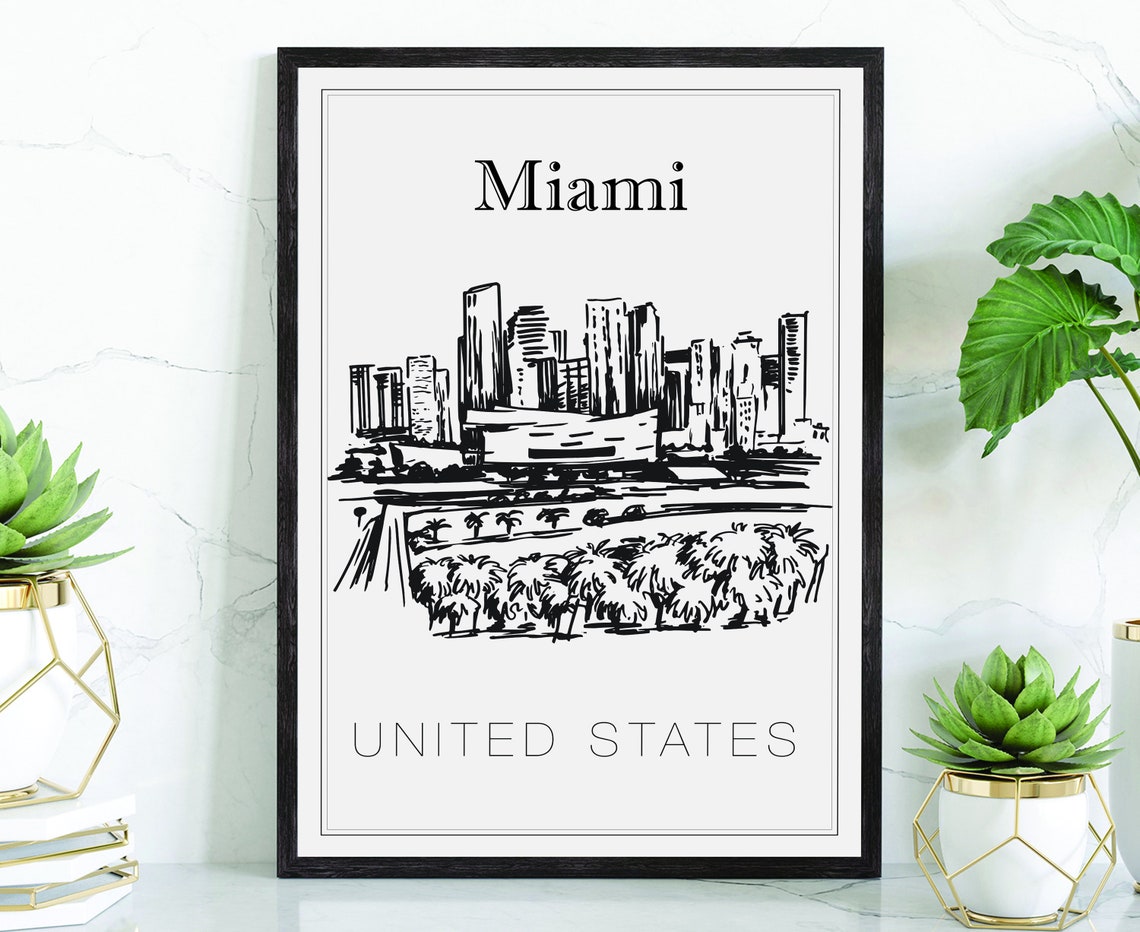 Miami Florida Downtown Skyline Palm Trees Waterfront Sketch Poster